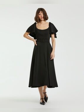 Mac Duggal Black Midi Dress with Belted Waist and Flutter Sleeves 20977